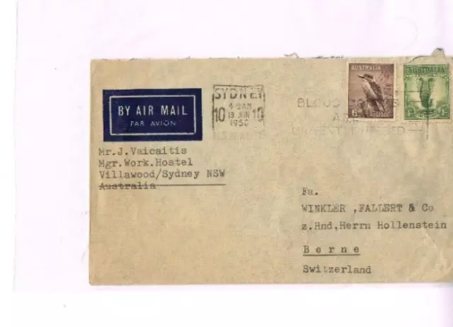 1950 1/6 Airmail cover Sydney to Berne, Switzerland. Bird stamps