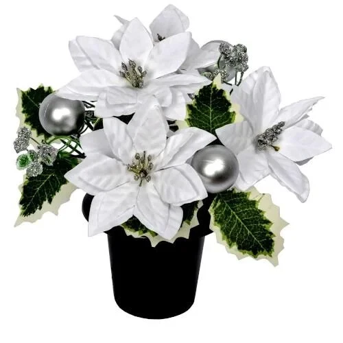 Artificial/Silk  White Poinsettia & Baubles Cemetery Pot With Ivy Memorial Pot