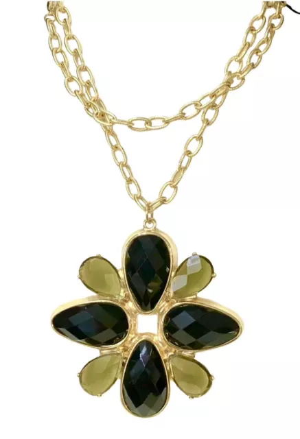 Black Green Faceted Glass Leaf Flower Pendant Necklace Designer Heavy Unsigned