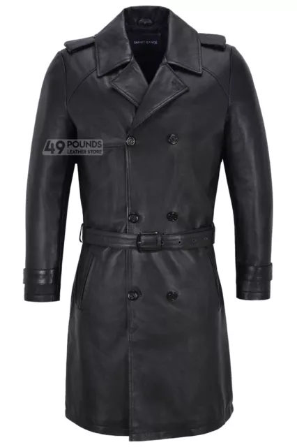 Mens Knee Length Leather Trench Coat Black Lambskin Double Breasted Classic 6970