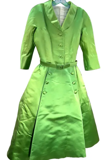 Womens Vintage 50's Couture Dress Small Green Traina Norell Full Skirted Satin