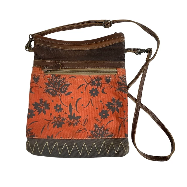 Myra Bag Crossbody Purse Canvas & Leather Upscale Brown Orange Floral ~ 11" x 9"