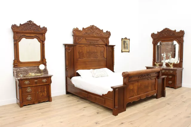 Victorian Antique Walnut & Marble 3 Pc Bedroom Set, King Bed #44688