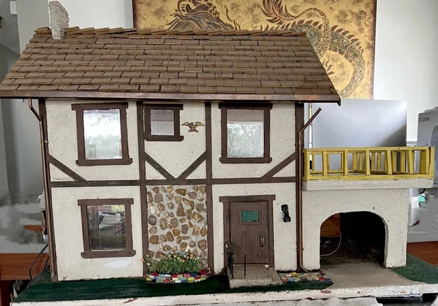 Custom 1970s Dollhouse Solid Plaster & Wood, Vintage Shag Carpet/Wallpaper
