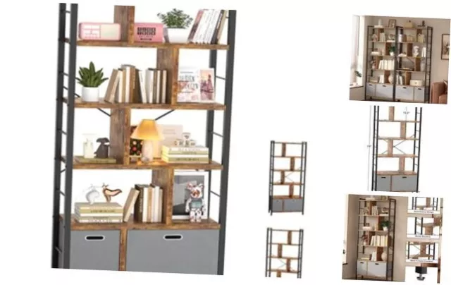74 Inch Tall Bookshelf, 6 Tier Bookcase with 6 Tier with Drawer Rustic Brown