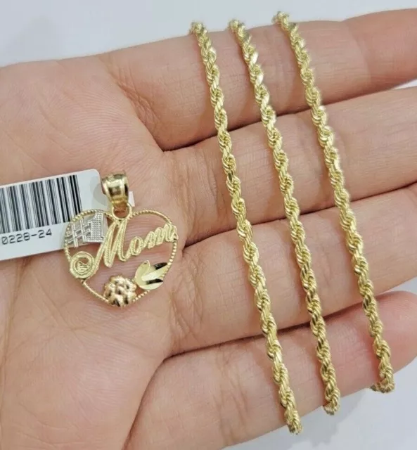 10k Gold Rope Chain Mom Heart Charm Pendant Set 16-28'' Inch 2.5mm Necklace REAL 2