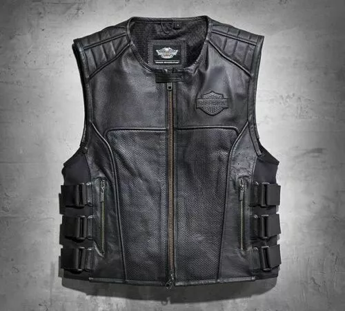 Chaleco de cuero genuino para hombre Swat II con cremallera motociclista café racer negro Harley-Davidson