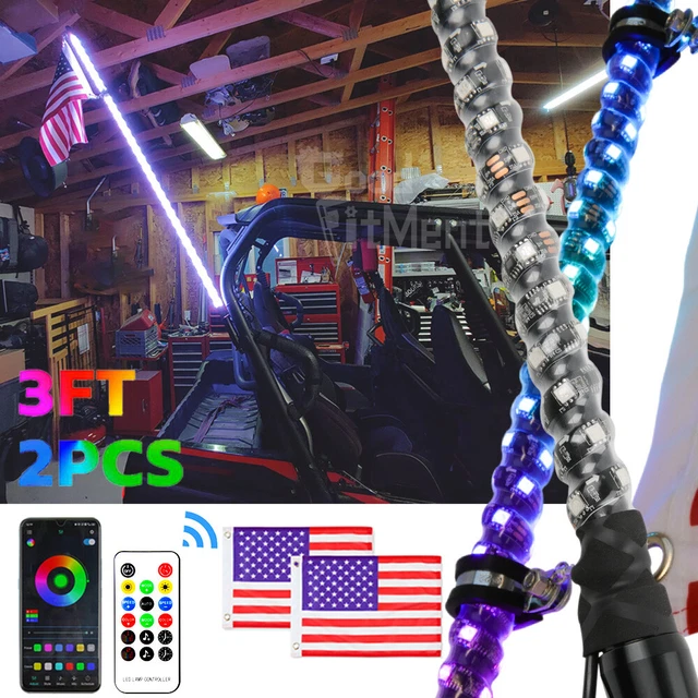 2X 3FT Spiral LED Whip Light Antenna w/ Flag &Remote For Kawasaki Teryx4 750 800
