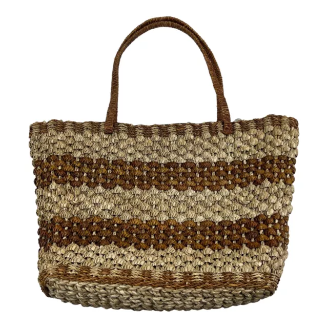 Woven Straw Bag Handbag Summer Beach Tote Brown Tan Zippered Double Handles