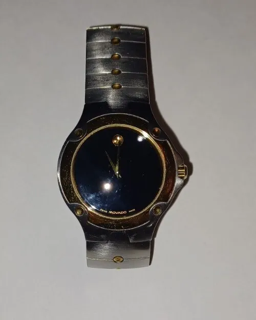 MOVADO Museum 81 G1 1892 Men's used watch quartz black dial gold silver 6.75". 3