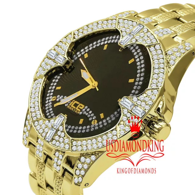 14K Yellow Gold Finish Simulated Diamonds Stainless Steel Back Analog Mens Watch