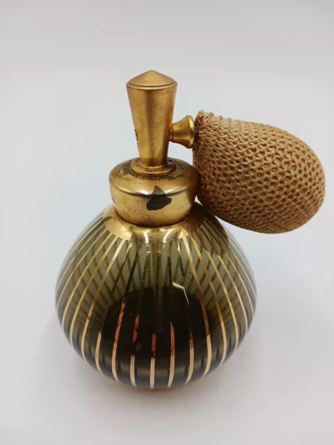 Vintage German Gold Striped Glass Perfume Bottle With Atomizer Vintage German Gold Striped Glass Perfume Bottle With Atomizer