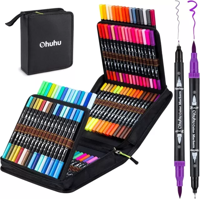 100 Colors Art Markers Set, Ohuhu Dual Tips Coloring Brush Fineliner Color  MarkerPens, Wat