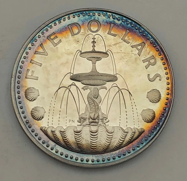 1973 Barbados 5 Ten Dollars Proof Silver Blue Purple Color Toned Gem Bu (Mr) 2