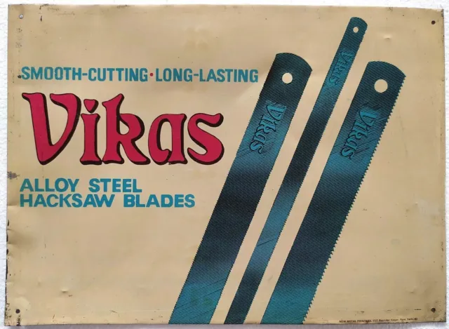 Vikas Alloy Steel Hacksaw Blades Vintage Advertising Litho Tin Sign India