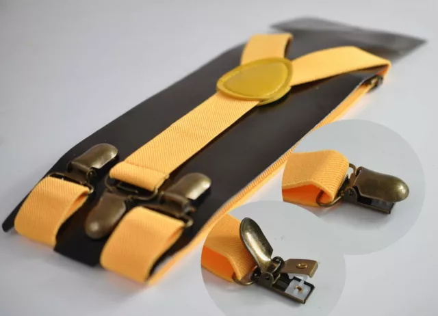 Bright Yellow Elastic Suspenders Braces Bronze Metal Clips for Men / Boys / Baby