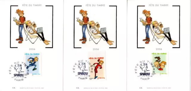 3877/9+ FDC  3  CARTES   1er JOUR   SUR  SOIE   FETE DU TIMBRE  SPIROU