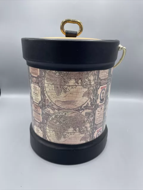 MCM Ice Bucket, Kraftware Wine Label Pattern, Brass Plated Lid, Handle, Acrylic