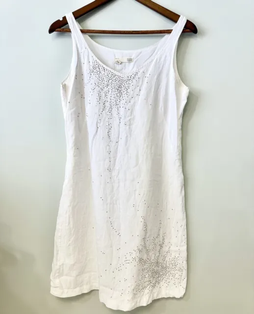 Eileen Fisher Handkerchief Irish Linen Beaded Mini White Sleeveless Dress Sz 10P