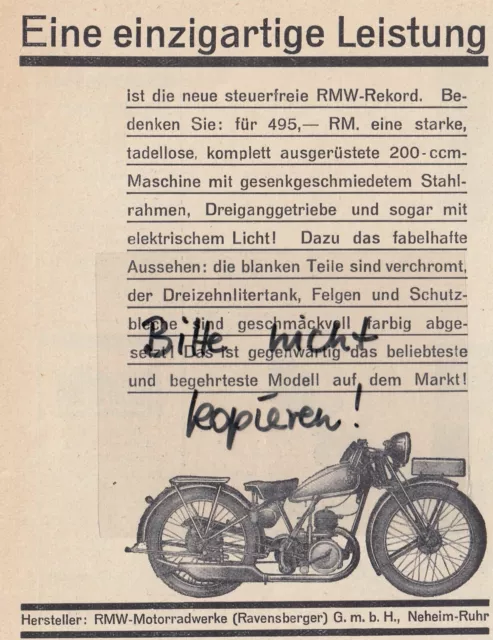 NEHEIM/RUHR, Werbung 1932, RMW-Motorrad-Werke Ravensberger GmbH RMW-Rekord