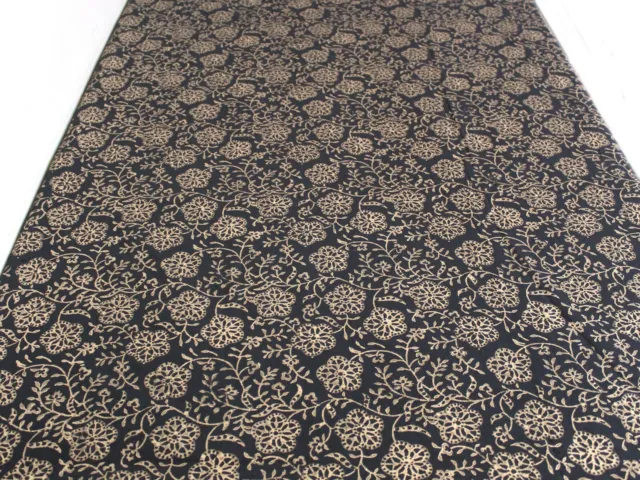 Indien Noir Doré Floral Main Bloc Tissu Imprimé 2.3m Robe Artisanat de Couture