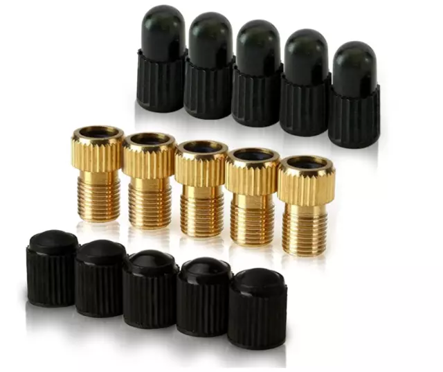 Brass Presta Valve Adaptor (Pack of 5 + 10 Caps) - Convert Presta to Schrader fo