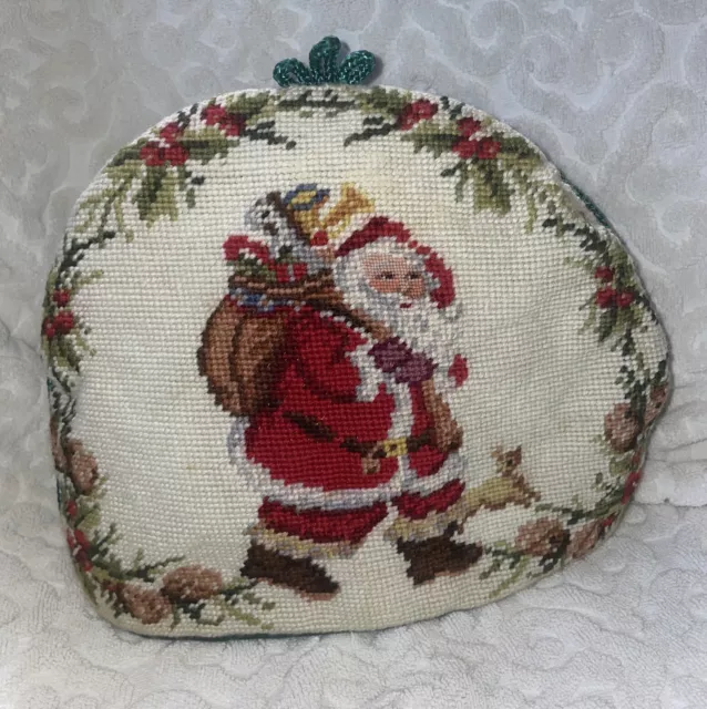 Vintage Needlepoint Tea Cozy Cover Std Size Tea Pot Green Santa Christmas Festiv