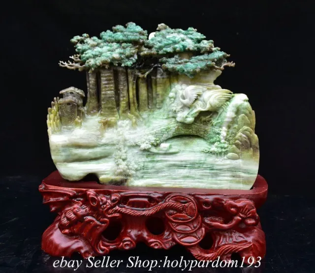 10.4" Chinese Natural Green Dushan Jade Carved  Mountain Tree Crane Statue