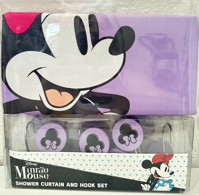 NEW Disney Minnie Mouse Shower Curtain Retro Hooks Purple Hearts 70x72