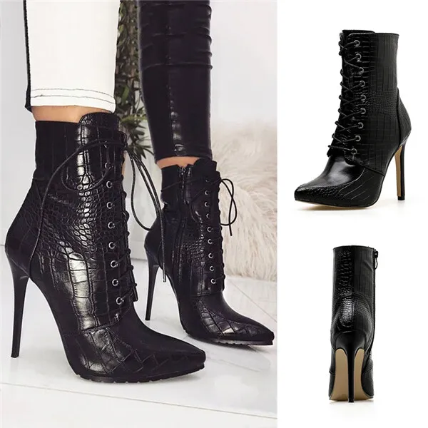 Womens Sexy Snakeskin Black Ankle Boots Lace Up Pointed Toe Stiletto Clubs Shoes