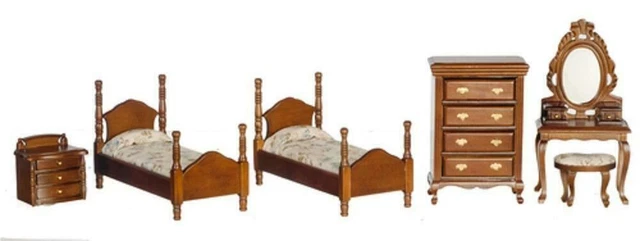 Poupées Maison Noyer Chambre Mobilier Ensemble Miniature Avec Double Lits 1:12