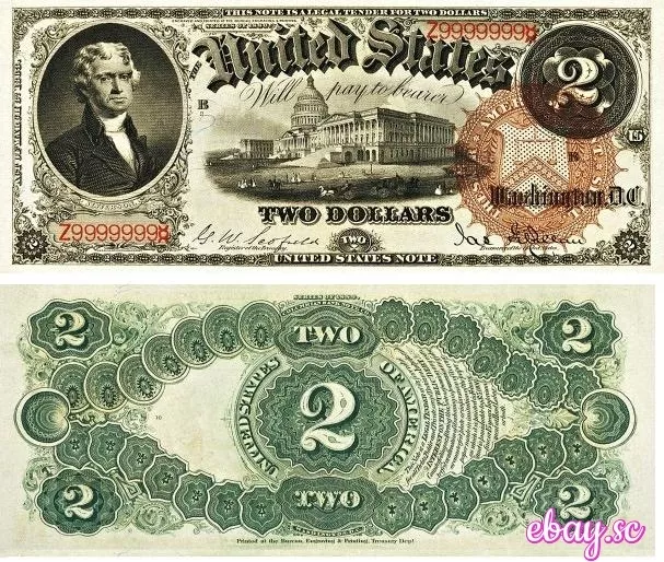 REPRODUCTION 2 US bill dollars $ 1880 serial number solid 9