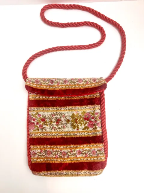 Vintage Crossbody Purse Tapestry Carpet Rug Bag Red Twisted Cord Handmade Pouch