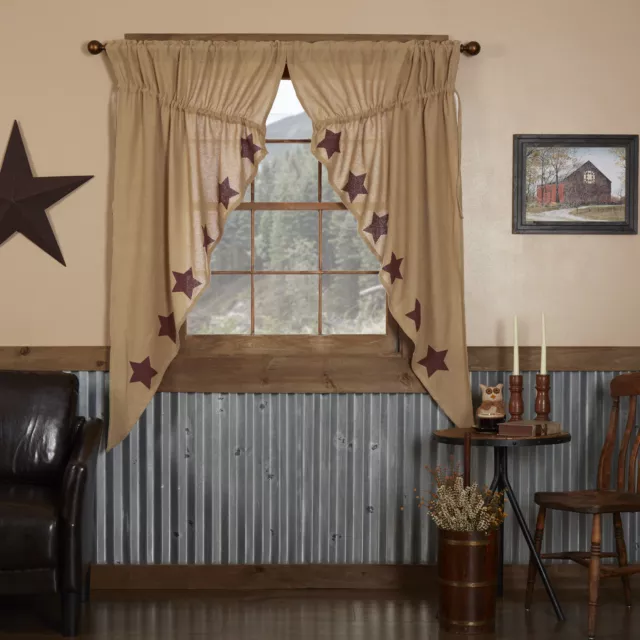 VHC Natural Burlap Burgundy Star Primitive Country Window Prairie Curtains