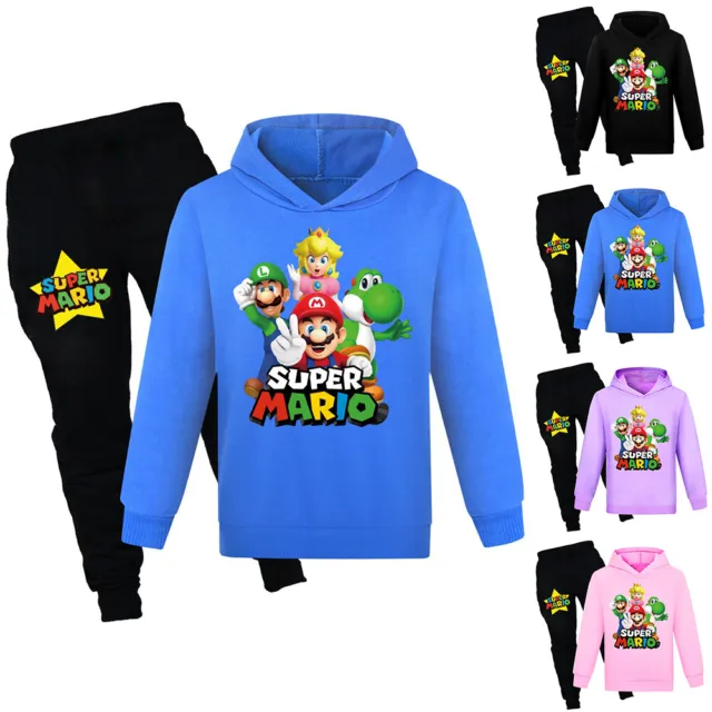 Kids Super Mario Print Casual Hoodie Pants Suit Boys Girls Hooded Top Tracksuit