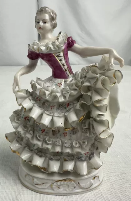 Vintage Porcelain Meissen Dancing Girl With Ruffled Dress Figure Statue Figurine