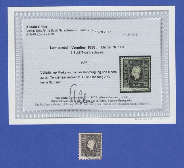 Lombardei-Venetien 3 Soldi Type I, Mi.-Nr. 7 I a gest. mit Befund Goller