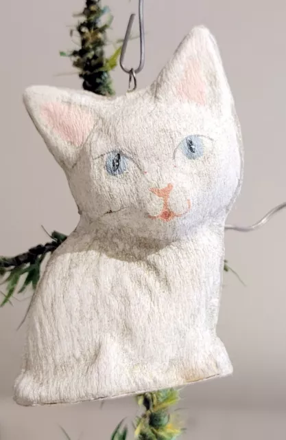 Seated Cat,  Papier-mache, with Blue Eyes. Early 1900s German Ornament.
