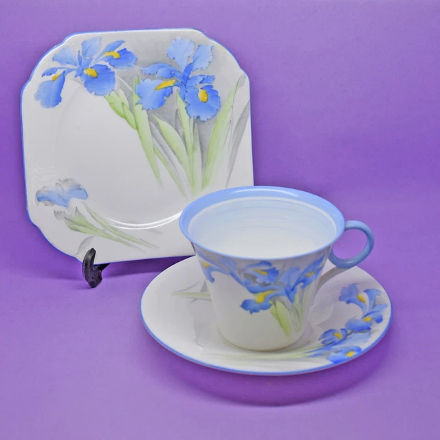 Shelley 'Blue Iris' W12384 Tea Cup (Hairline cracks) Saucer & Plate Trio,Vintage