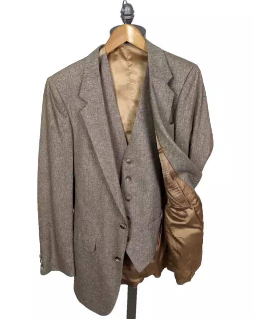 GENTRY Vtg  3 Piece Donegal Tweed Fleck Sz 40L Slim Tan Wool Suit Dual Vent