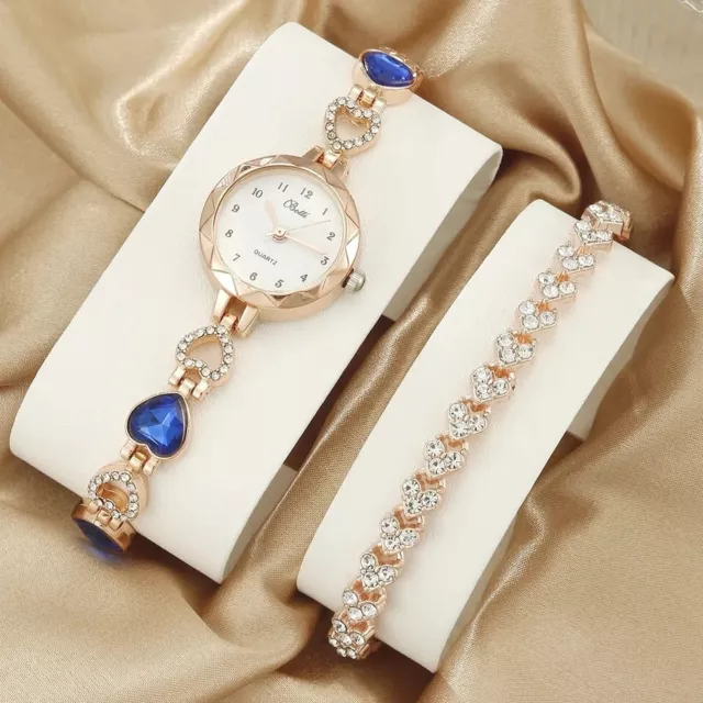 Orologio Set Regalo Donna 2 Pezzi Blu Oro Rosa Orologio da Polso E Braccialetto Cristallo