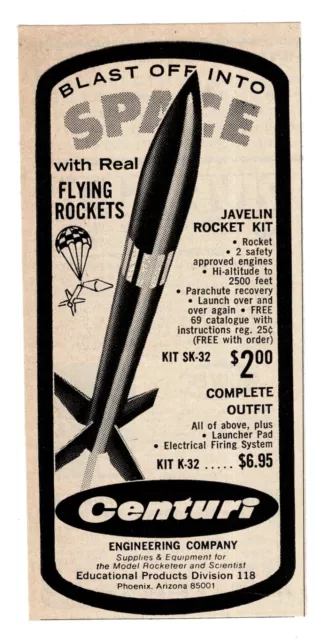 1968 CENTURI Javelin powered toy rocket kit K-32 rocketry Vintage Print Ad