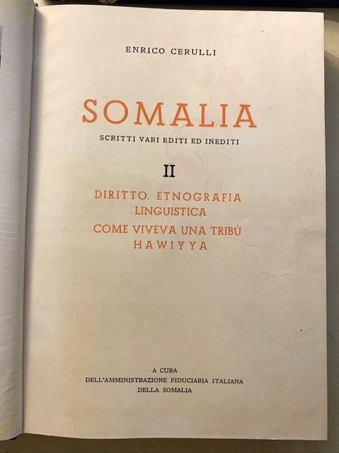 SOMALIA ENRICO CERULLI, vol. 2 Diritto Etnografia Linguistica tribù