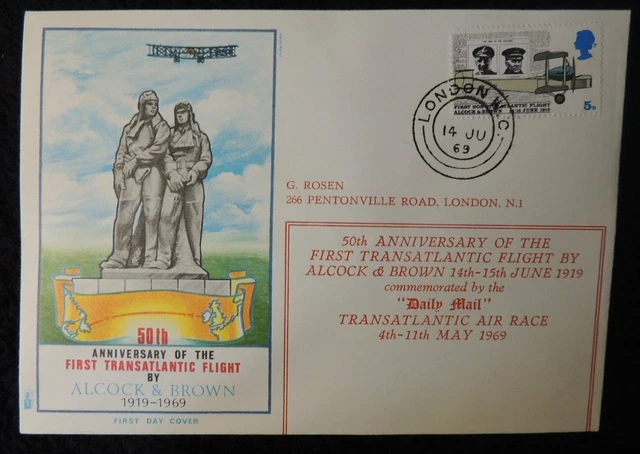 GB 1969 FDC Alcock and Brown 50th anniversary first transatlantic flight