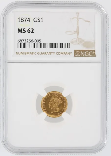 1874 Gold Dollar NGC MS62 G$1 Type 3 Head Philadelphia Minted