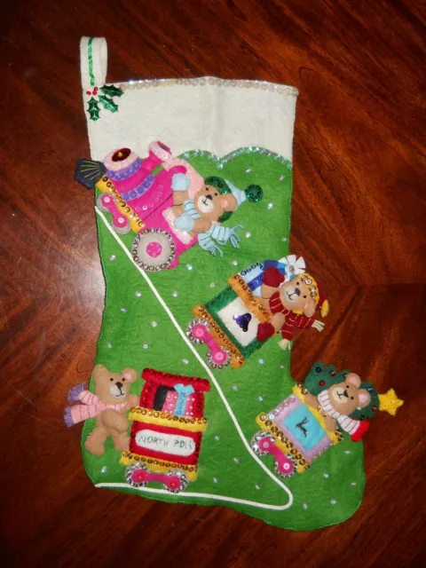 *Bucilla~"Santa Bear @ Toy Train" Handmade Felt Applique Christmas Sock ~ DONE