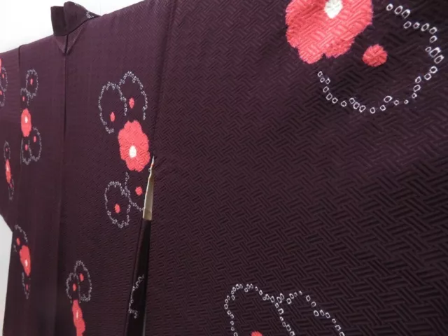 3201T10z600 Vintage Japanese Kimono Silk HAORI Chrysanthemum Dark grape 2