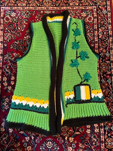 Vintage Handmade Crochet Ugly St Patrick’s Day Sweater Vest Knit Clover Sequin M