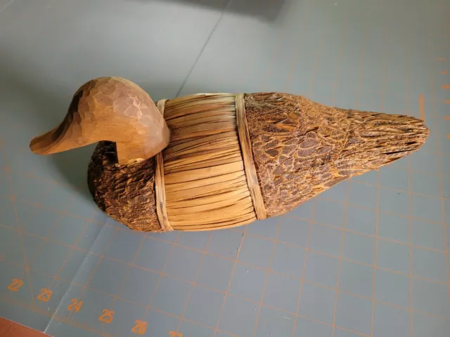 Vintage  Folk Art Duck Decoy Corn Husk, Reeds and Wood 