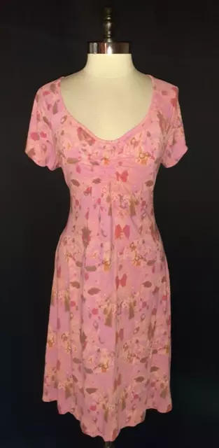 FRESH PRODUCE Size L A- Line Dress Pink Green Floral Short Sleeve Stretch